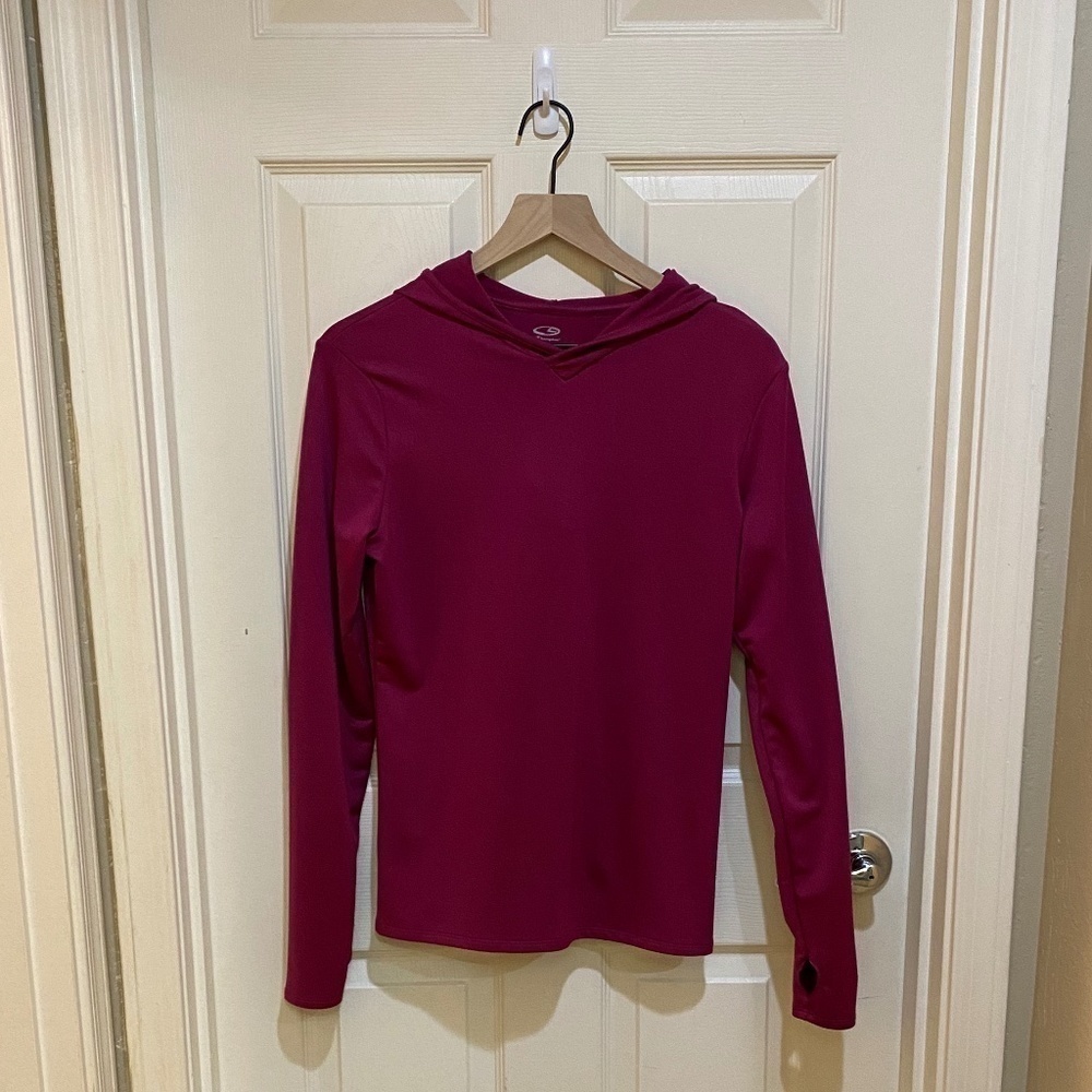 Champion-Hooded Long Sleeved Shirt- XL- Wine/Burgundy Color